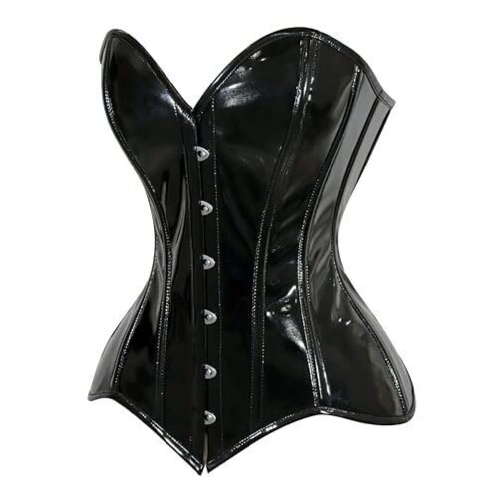 8912 Black Patent PVC Vinyl Overbust Corset Bustier Top & Plus Size - Picture 2 of 3